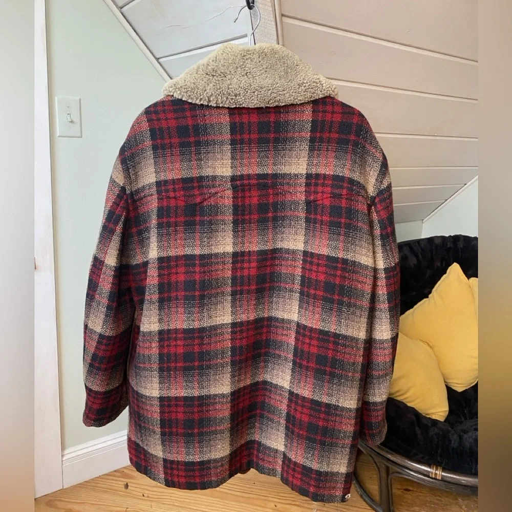 DKNY Donna Karan New York 100% Wool Plaid Coat Corduroy Removable Collar Small
